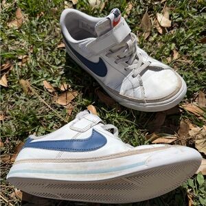 Nike Kids White Sneakers with Blue Swoosh and Light Blue Stripe